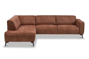 Ecksofa Stilo, gepolstert mit cognacfarbenem Ökoleder auf modernen Beinen.