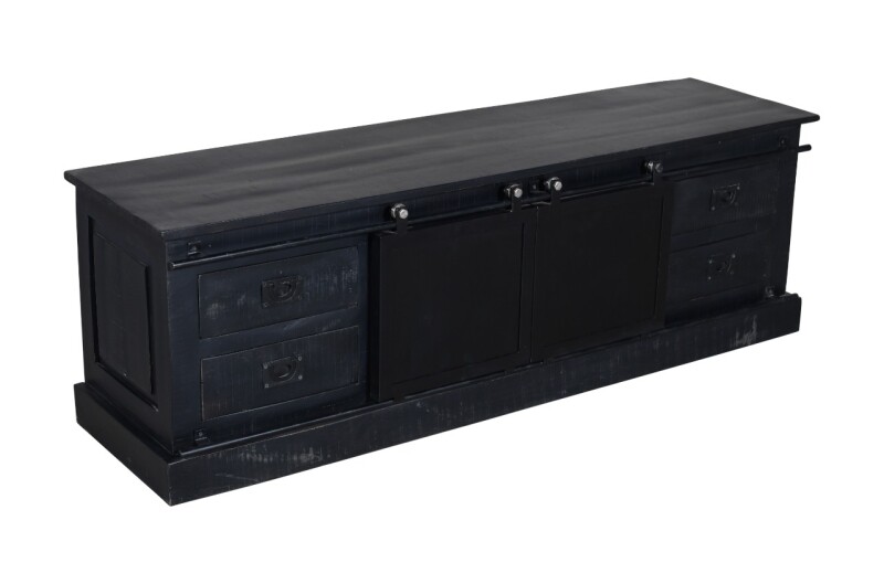 Industrieller TV-Schrank aus schwarzem Mangoholz mit Schiebetüren.