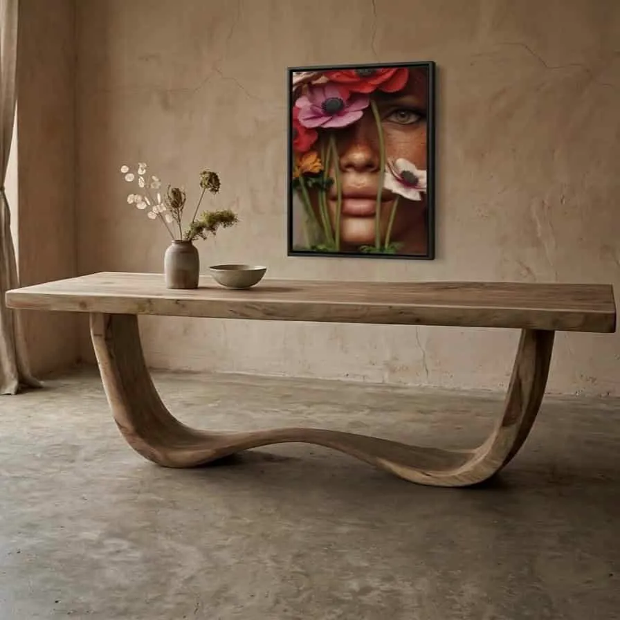 Massiver Suarholz-Baumstammtisch von World of Brosi mit geschwungenem Designfuß