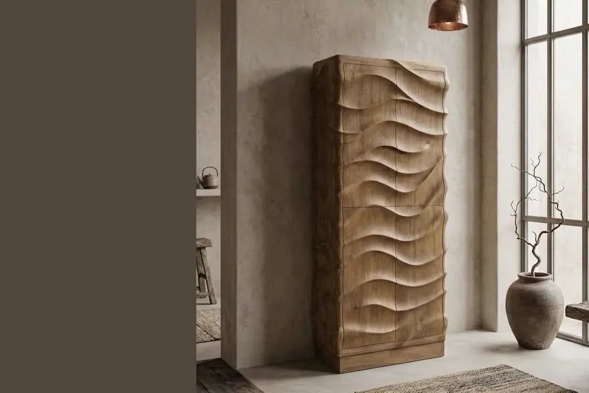 Organischer Teakholzschrank Nyawa in einem warmen Interieur am Fenster. World of Brosi.