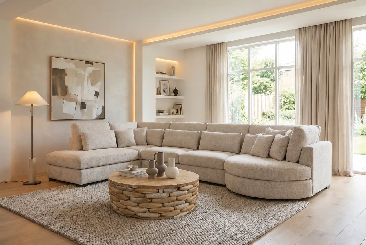 Wohnimpression mit Ecksofa Moonlight und rundem Teak-Couchtisch Sem