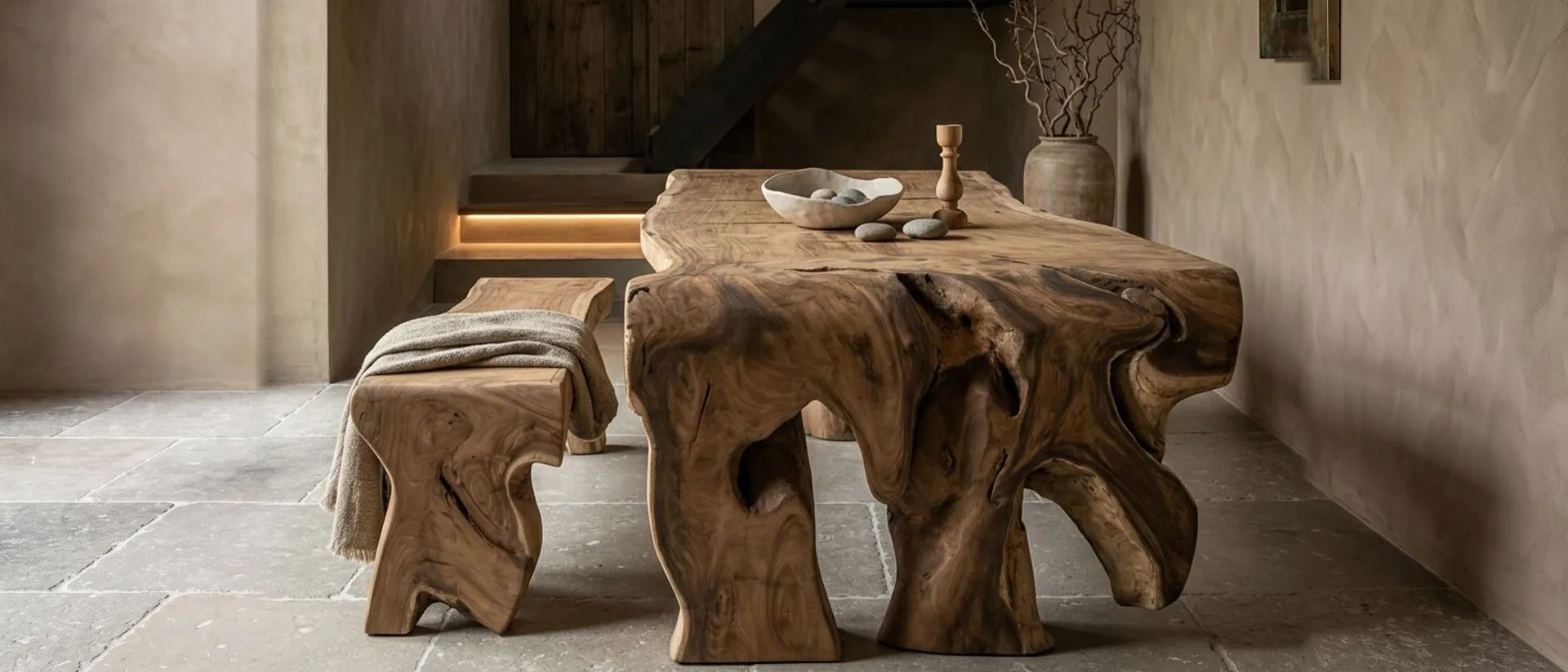 Massiver Suarholz-Esstisch mit organischen Beinen und passender Bank in einem Wabi-Sabi-Interieur mit Natursteinboden