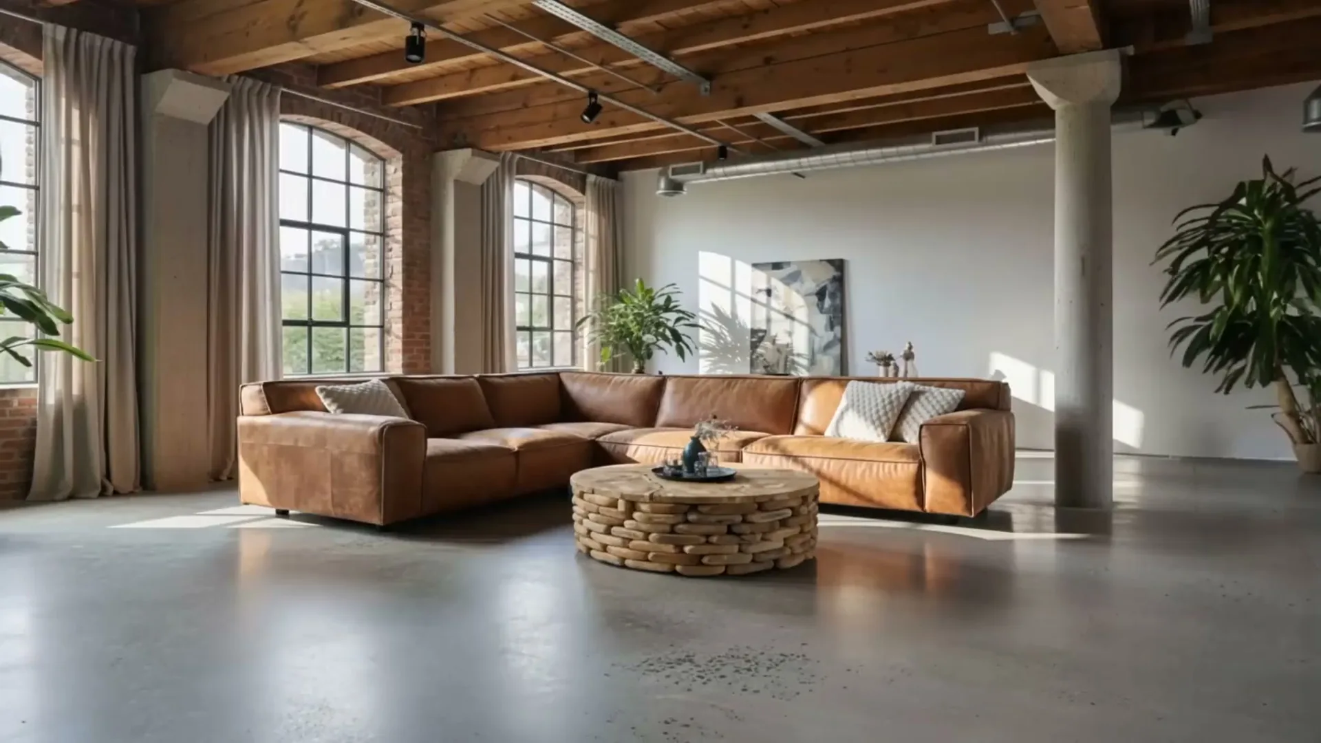 Cognacfarbenes Ledersofa Weaver mit rundem Massivholz-Couchtisch in einem Loft mit Stahlfenstern